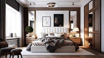 interior do uma clássico casa, uma quarto com uma ampla cama e Sombrio de madeira mobília, generativo ai. foto