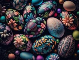 feliz Páscoa fundo conceito com colorida Páscoa ovos plano deitar criada com generativo ai tecnologia foto