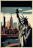 a poster características uma deslumbrante Visão do a icônico estátua do liberdade dentro Novo Iorque generativo ai foto