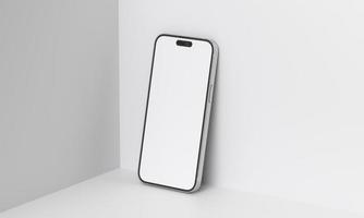 3d render ilustração mão segurando o smartphone branco com tela cheia e moldura moderna menos design - isolado no fundo branco foto