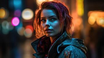 uma jovem e elegante lindo mulher fechar-se retrato. ela é caminhando em a cidade do cyberpunk. foto