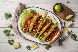 tacos com carne em uma prato cercado com coentro. gerado ai. foto