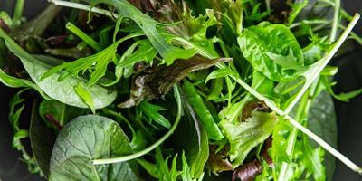 verde salada folhas misturar misturar micro verde, saudável lanche Comida em a mesa cópia de espaço Comida fundo rústico topo Visão foto