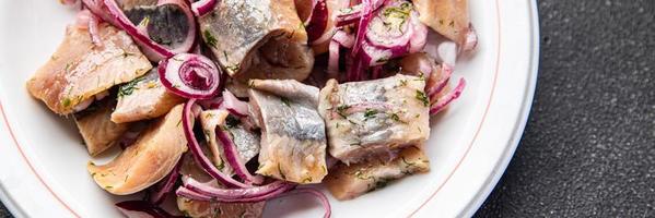 arenque filé peixe frutos do mar refeição Comida lanche em a mesa cópia de espaço Comida fundo rústico topo Visão foto