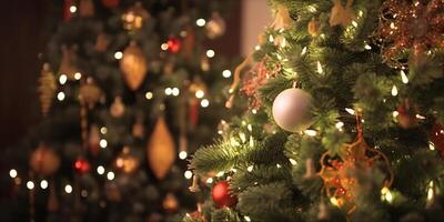 Natal bugiganga decoração suspensão em a Natal árvore com espumante luz ver. generativo ai. foto