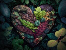 verde coração fez de folhagem este representa de Meio Ambiente proteção criada com generativo ai tecnologia foto