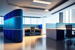 interior do moderno escritório com azul recepção escrivaninha. 3d Renderização foto