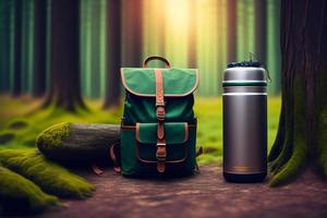 turista acampamento equipamento com mochila, Câmera e frasco em verde grama. foto