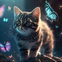 a felino olhando às néon fantasia borboleta ai generativo foto