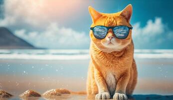 gengibre gato relaxante em a de praia vestindo oculos de sol ai generativo foto