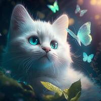branco gato olhando às branco fantasia borboleta ai generativo foto