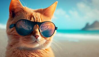 gengibre gato relaxante em a de praia vestindo oculos de sol ai generativo foto