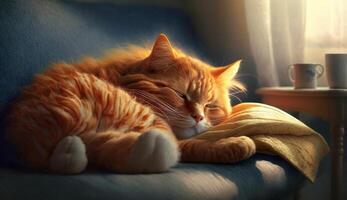 gengibre gato dormindo profundamente em a sofá de a janela ai generativo foto