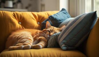 gengibre gato dormindo profundamente em a sofá de a janela ai generativo foto