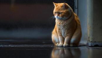 a gato é olhando às Está reflexão dentro uma poça ai generativo foto