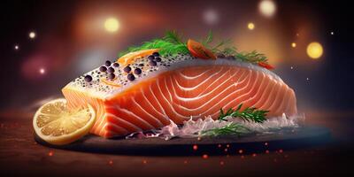 delicioso salmão bife suculento em borrado fundo foto