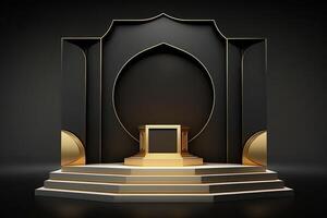 Sombrio ouro islâmico Ramadã pódio plataforma para exibição produtos, apresentação etapa base ai gerado foto