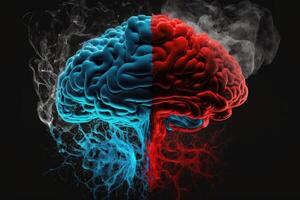 cérebro em forma fumaça vermelho e azul fez com generativo ai foto