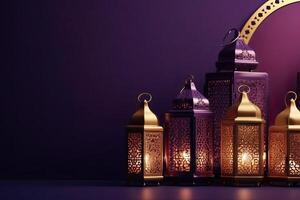islâmico lanterna dourado e roxa luxo enfeite Ramadã kareem celebração fundo ai gerado foto