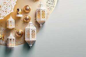 islâmico lanterna dourado e branco luxo brilhante enfeite Ramadã kareem celebração fundo ai gerado foto