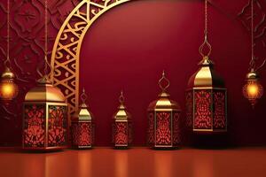islâmico lanterna dourado e marrom luxo enfeite Ramadã kareem celebração fundo ai gerado foto