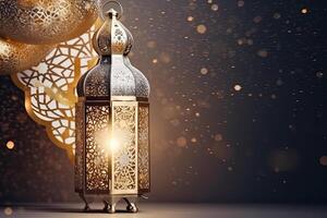 islâmico ouro lanterna carrinhos com vela luz enfeite Ramadã kareem verde fundo gerado ai foto