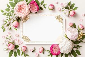 em branco branco papel convite mensagem com flor quadro, Armação topo Visão fez com generativo ai foto