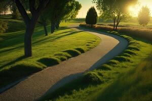 manhã verde golfe campo com piscina com luz solar fez com generativo ai foto