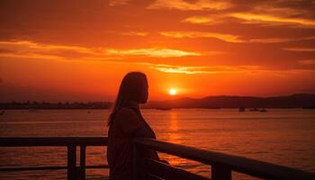 momento do alguém assistindo uma lindo verão pôr do sol. generativo ai foto