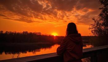 momento do alguém assistindo uma lindo verão pôr do sol. generativo ai foto