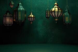 islâmico lanterna dourado e verde luxo enfeite Ramadã kareem celebração ai gerado foto