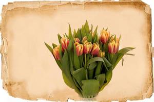 ramalhete do Primavera vermelho tulipas em a fundo do a velho bege papel cartão foto