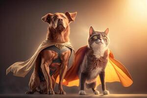 superpet gato e cachorro Como Super-heróis com capa em laranja fundo. criada generativo ai foto