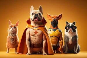 quadrilha do cachorro Como Super-heróis com capa em laranja fundo. criada generativo ai foto