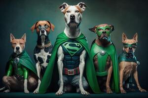 quadrilha do cachorro Como Super-heróis com capa em verde fundo. criada generativo ai foto