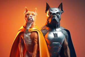 superpet gato e cachorro Como Super-heróis com capa em laranja fundo. criada generativo ai foto