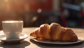 croissant e café em a mesa. ensolarado manhã, rua Visão dentro a fundo. generativo ai foto