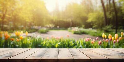 esvaziar de madeira mesa dentro Primavera jardim borrado fundo, livre espaço para produtos mostrar. generativo ai foto