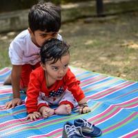 dois feliz Rapazes dentro sociedade parque, feliz ásia irmãos quem estão sorridente alegremente junto. irmãos jogar ao ar livre dentro verão, melhor amigos. criança pequena bebê Garoto jogando com dele feliz irmão dentro a jardim foto