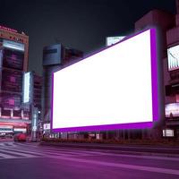 futurista cidade brincar com proeminente Painel publicitário iluminado dentro tons do roxa e Rosa foto