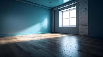 azul gradiente parede e de madeira chão com luz brilho - interior fundo para apresentação foto