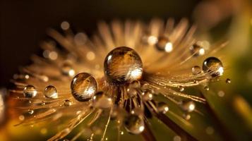 macro tiro do dente de leão semente com água gotas dentro amarelo e ouro tons foto