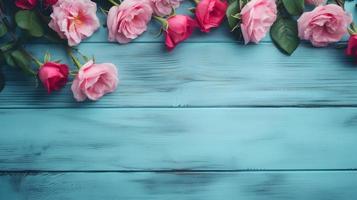 Rosa rosas em azul de madeira pranchas para garotas festa fundo foto