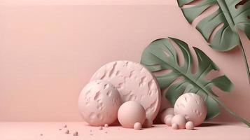 3d terrazzo pedestal exibição dentro pastel Rosa pedra com monstera Palma folha em bege Rosa fundo para produtos promoção foto