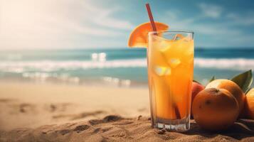 fresco suco coquetel em uma tropical de praia dentro verão. generativo ai foto