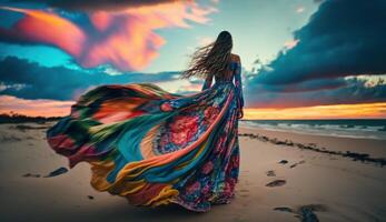 gracioso mulher em pé em de praia dentro fluindo colorida vestir. generativo ai foto