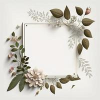 em branco branco quadrado quadro, Armação decorado com flores por aí a arestas e cercado de folha galhos fundo foto