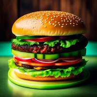 foto Comida para velozes Comida dentro Formato do delicioso quente caseiro hamburguer com carne costeleta e legumes generativo ai