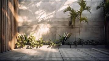 esvaziar fundo com parede e tropical folhas. ilustração ai generativo foto