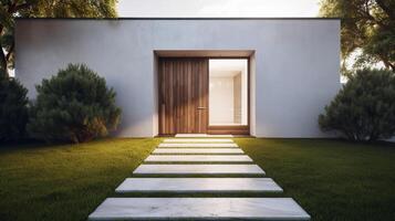 moderno casa com de madeira porta. ilustração ai generativo foto